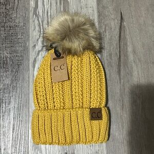 C.C Women’s Honey Mustard Knit Beanie with Brown Faux Fur Pom